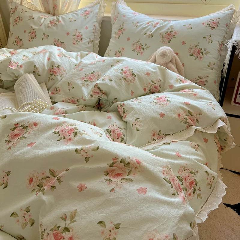 Juegos de funda nórdica de algodón lavado, juego de cama con estampado de flores individual/Queen/king, estilo princesa, funda de couette de 220x240 con encaje