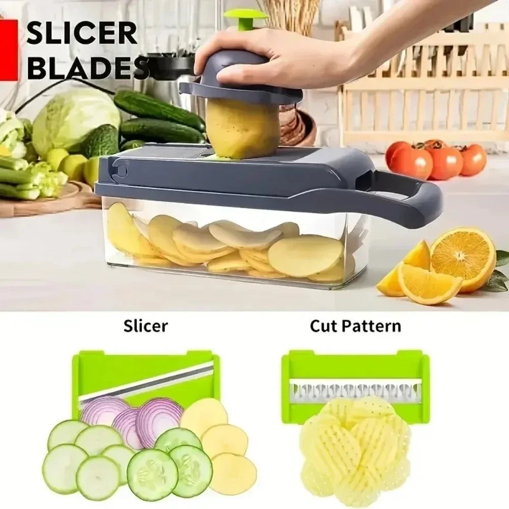 Picadora de verduras multifuncional con mango, rejilla de alimentos, picadora de alimentos, rebanador de verduras, corte 14/16 en 1, artículos de Cocina