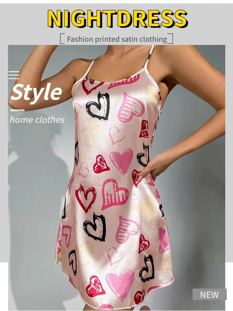 Camisón Sexy con tirantes para mujer, lencería Sexy de satén de seda, ropa de dormir con pintura Floral, minivestido para el hogar