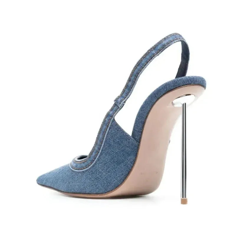 Zapatos de tacón alto de mezclilla para mujer, zapatos de tacón de Metal ajustados con correas en el tobillo, sandalias de tacón de Metal con punta puntiaguda para fiesta de banquete de talla grande