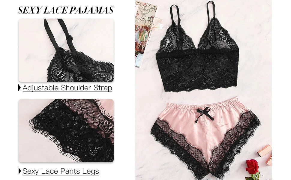 Conjunto de pijama de encaje sexy de 2 piezas para mujer Bralette transparente Cami Top y pantalones cortos Ropa de dormir transpirable Lencería de verano de talla grande