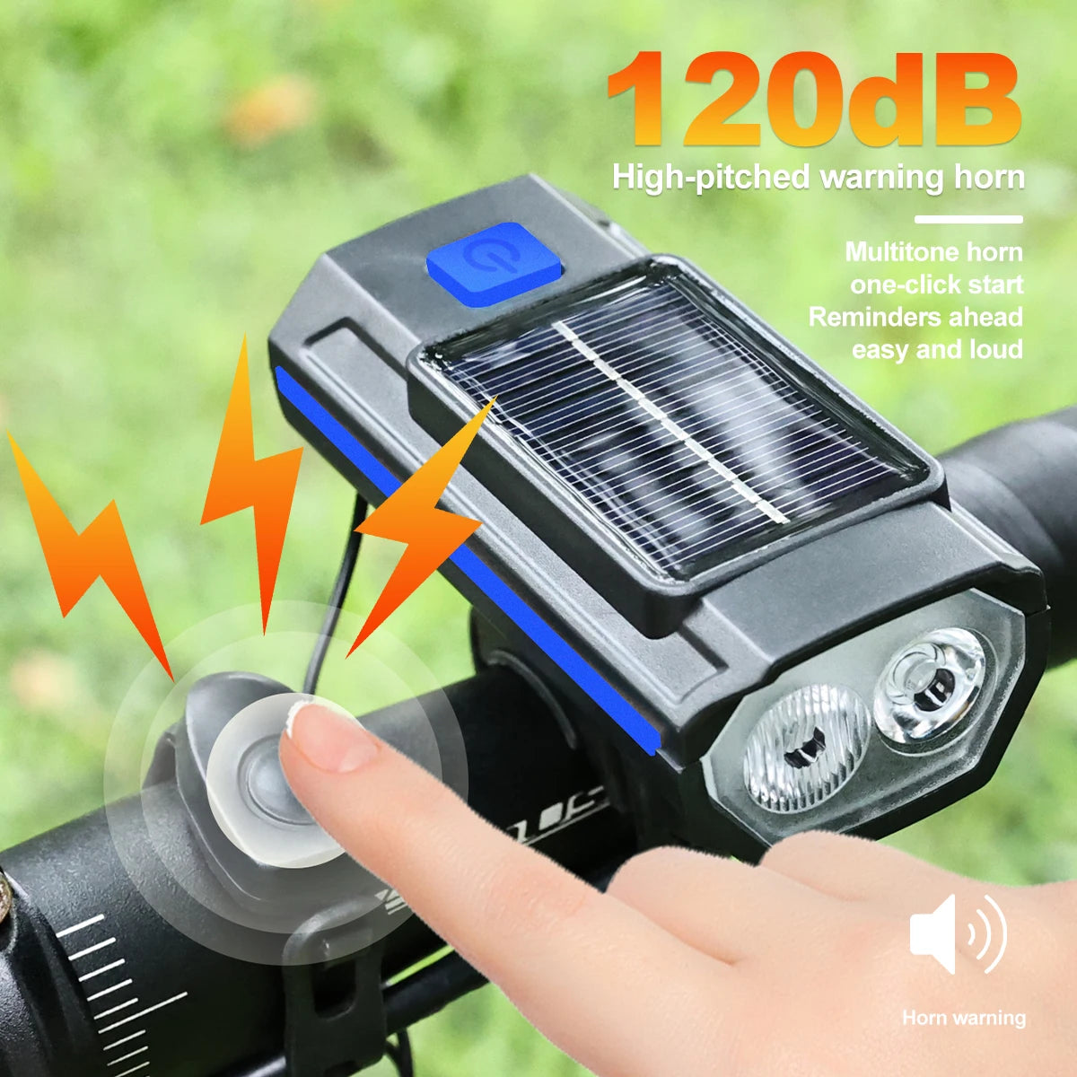 Luz Solar para bicicleta con bocina, 120dB, TYPE-C, carga rápida, lámpara frontal para bicicleta de montaña y carretera, linterna para bicicleta de 1200 mah