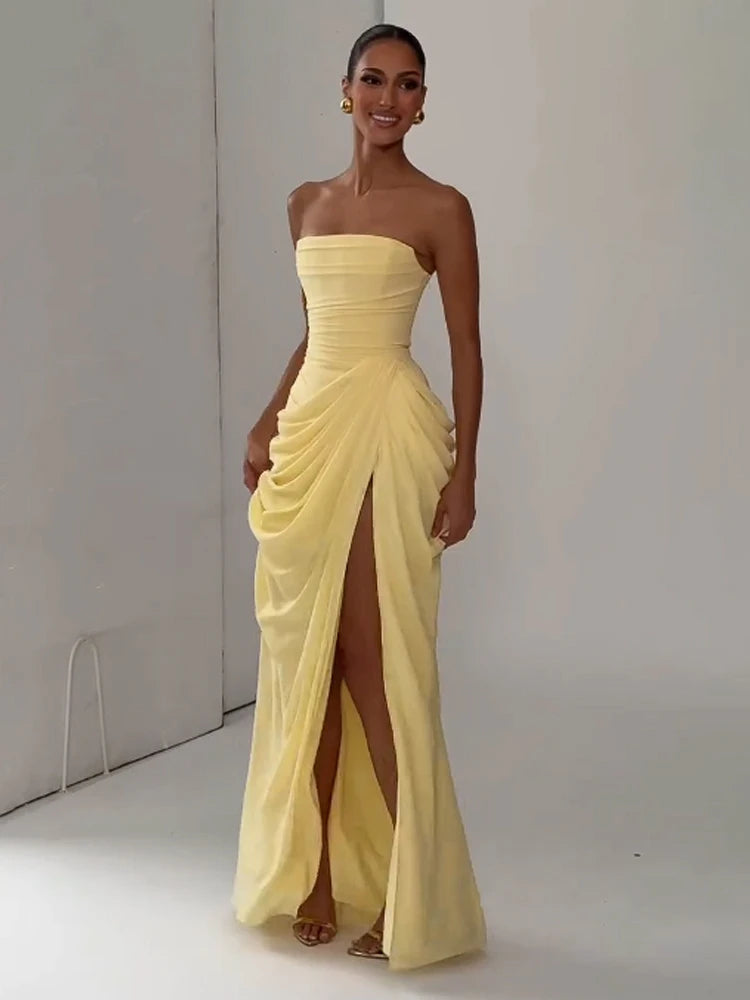 Vestido Maxi Plisado Sólido Sexy con Cuello Halter para Mujer, sin Mangas, sin Espalda, con Cintura Ajustada y Abertura, Vestidos de Fiesta de Verano 2026