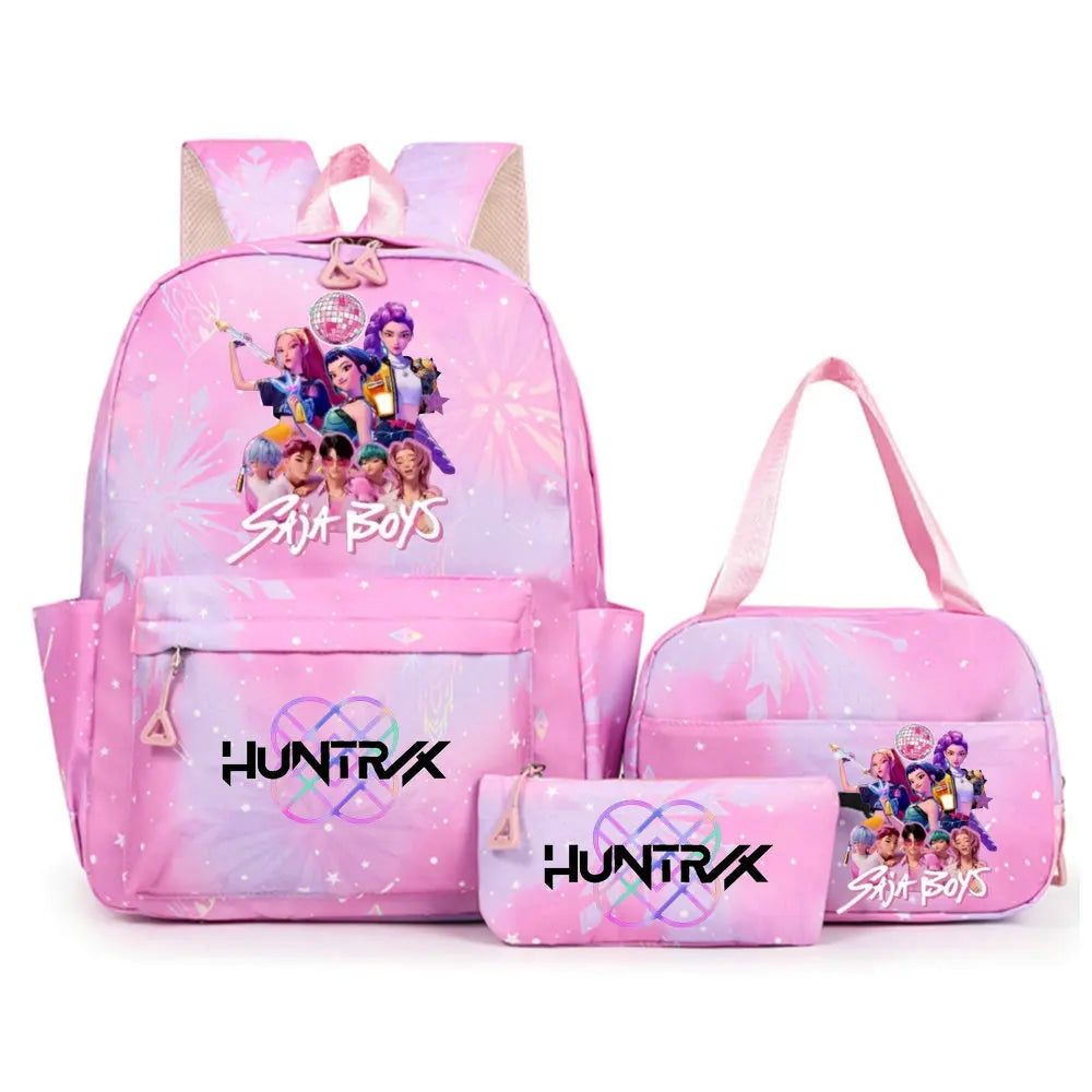 Conjunto de mochila con estampado de KPop Demon Hunters con bolsa para el almuerzo y estuche para lápices, mochila para exteriores de gran capacidad, ligera y transpirable