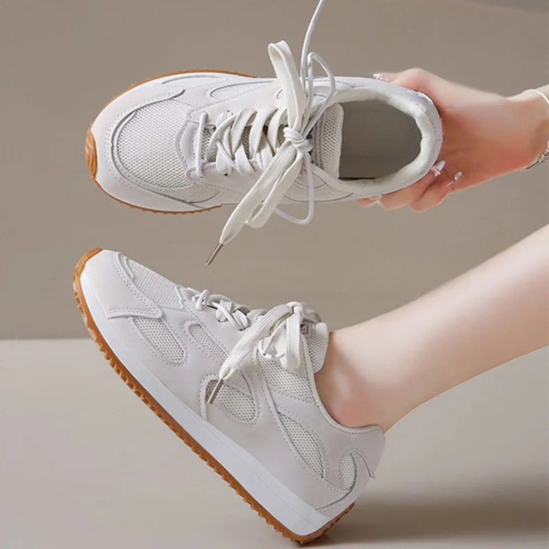 Zapatillas de deporte grises con cordones para Mujer, zapatos deportivos de malla transpirable, zapatos vulcanizados con plantilla suave antideslizante para Otoño e Invierno