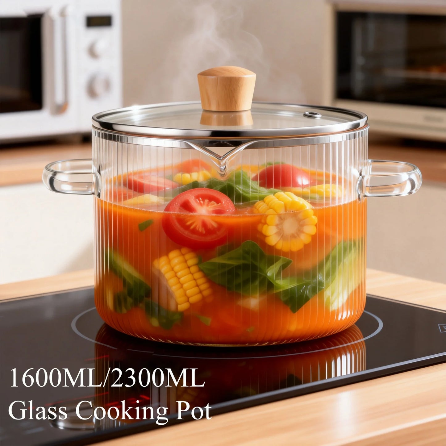Olla de cocina de vidrio de 1600ML/2300ML, olla de fuego de vidrio de borosilicato transparente con tapa, ollas de estofado multifuncionales para cocinar en la cocina