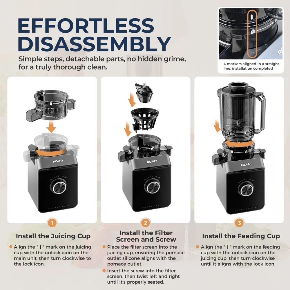 ROUNY Exprimidor lento, extractor de prensa en frío con sin filtro, máquina exprimidora de frutas eléctrica de fácil limpieza con gran calibre, negro