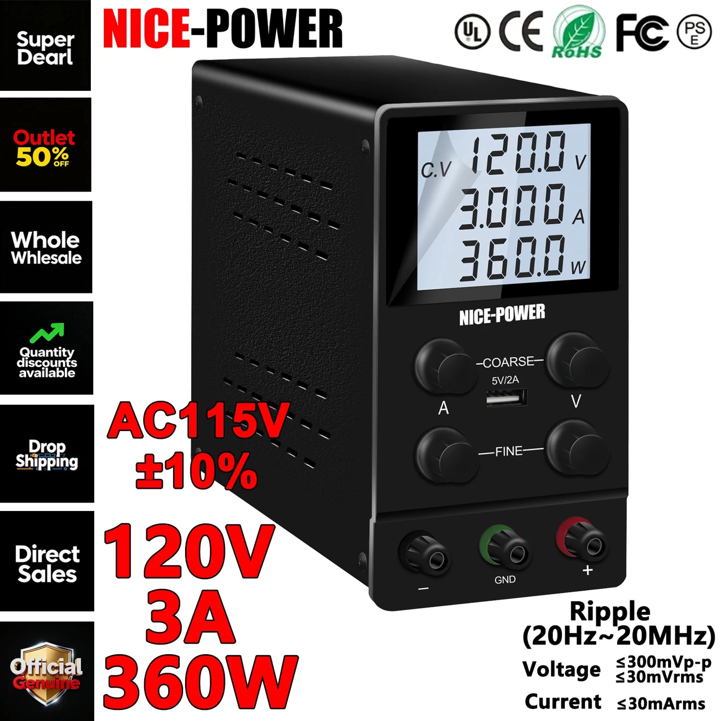 NICE-POWER Fuente de alimentación CC Variable, conmutada ajustable, fuentes de alimentación de laboratorio de banco regulado de alta precisión, interruptor CC/CV automático