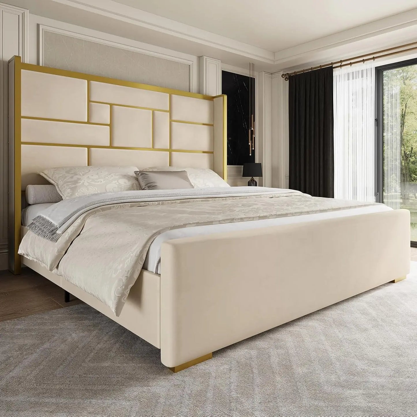 Base de Cama con Cabecera de 55.12 Pulgadas de Alto, Cama de Plataforma Moderna y Lujosa Tapizada en Terciopelo con Detalles en Dorado, Cabecero Ancho, Personalizable