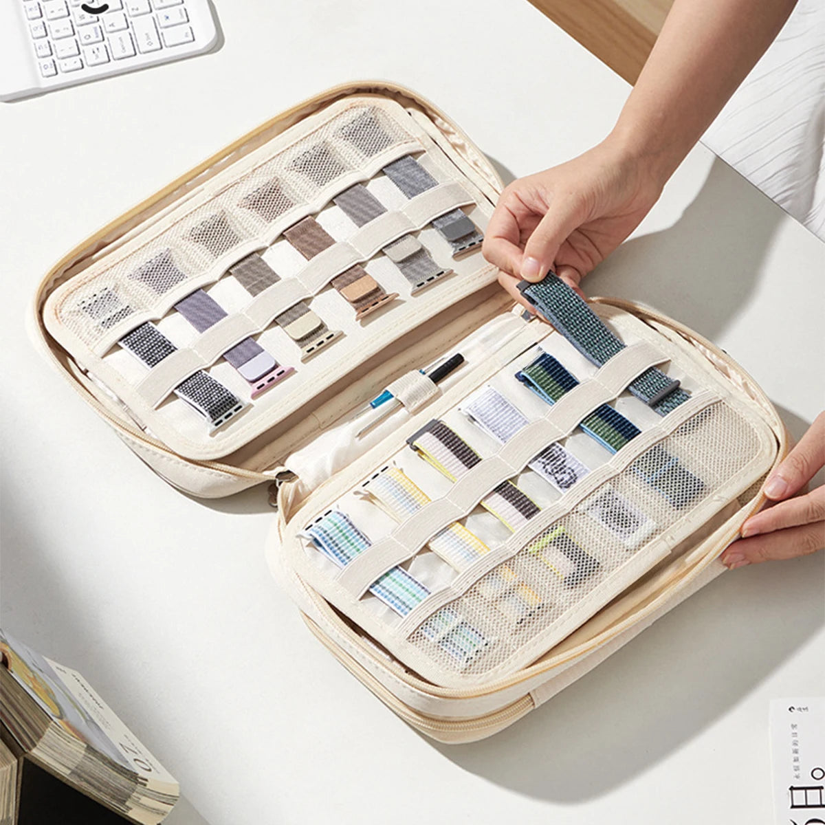 Bolsa de almacenamiento para correas de reloj para mujer, organizador de maquillaje portátil, bolsas de almacenamiento de artículos de tocador de gran capacidad para viaje