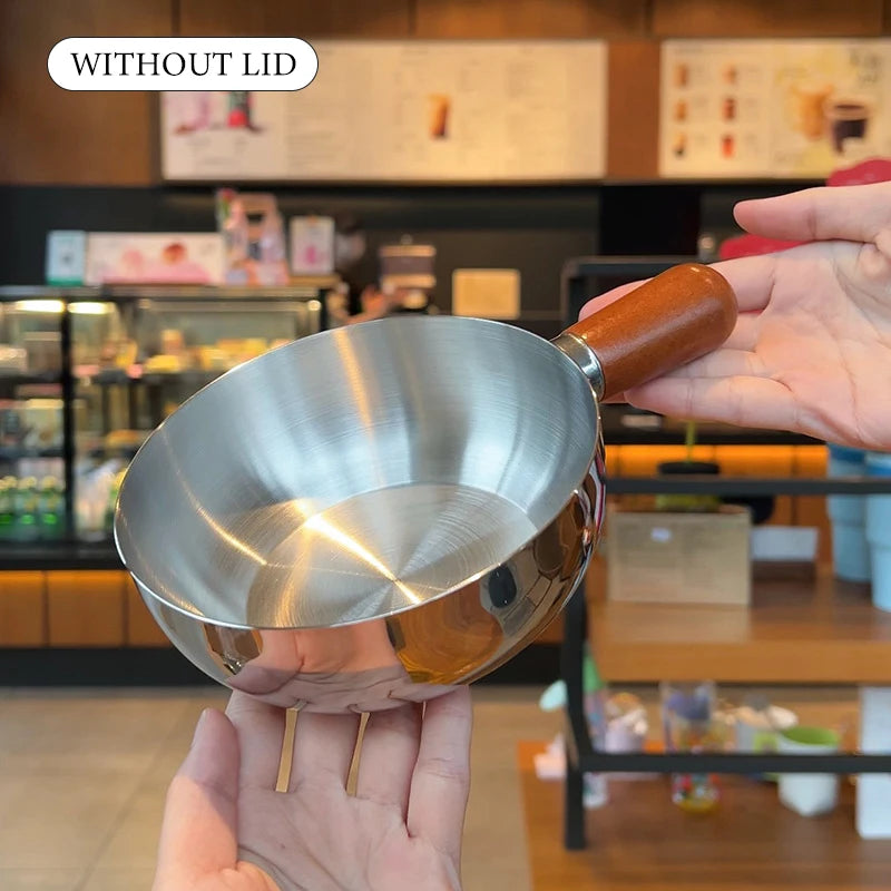 Olla para leche de acero inoxidable con mango de madera, olla compacta para cocinar, adecuada para freír huevos y calentar leche