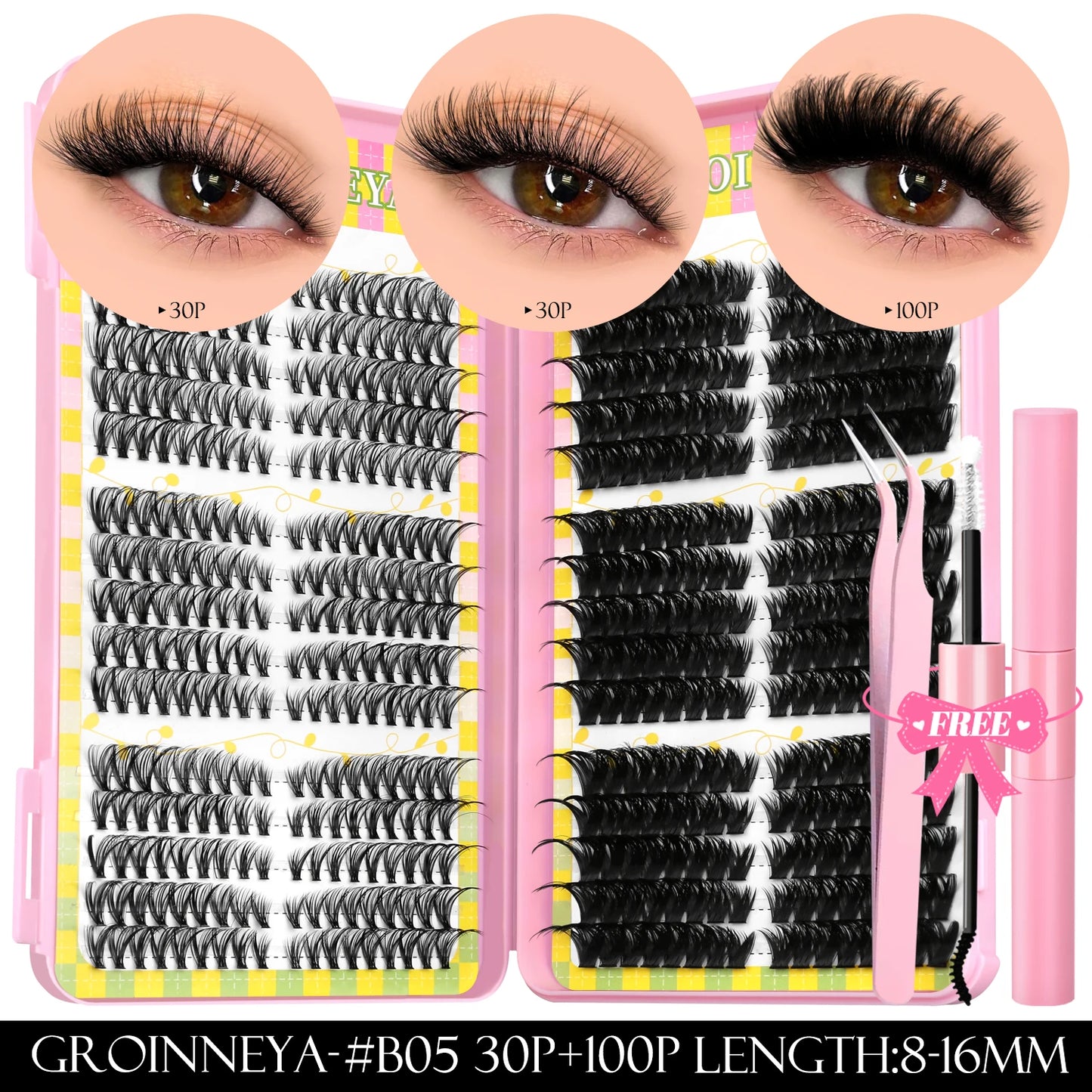 GROINNEYA Clusters de pestañas 540 Uds Kit de extensiones de pestañas de gato Kit de pestañas en racimo con Kit de maquillaje de pestañas Bond & Seal