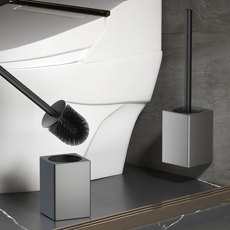 Soporte para escobilla de baño, herramientas de limpieza del hogar montadas en la pared, sin perforación, instalación espacial, cepillos de baño de aluminio WB8712