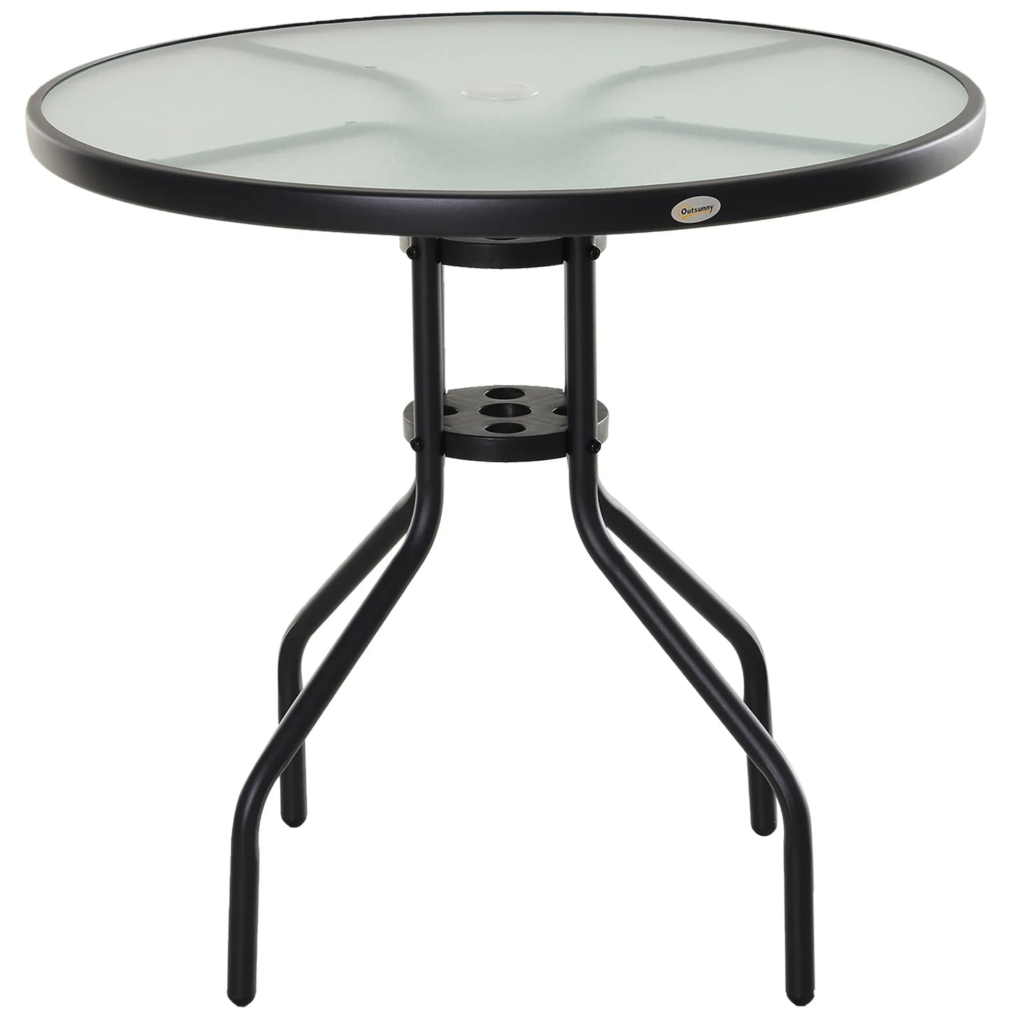 Outsunny Mesa de Jardín Redonda de Cristal con Agujero para Sombrilla Ø80x72 cm