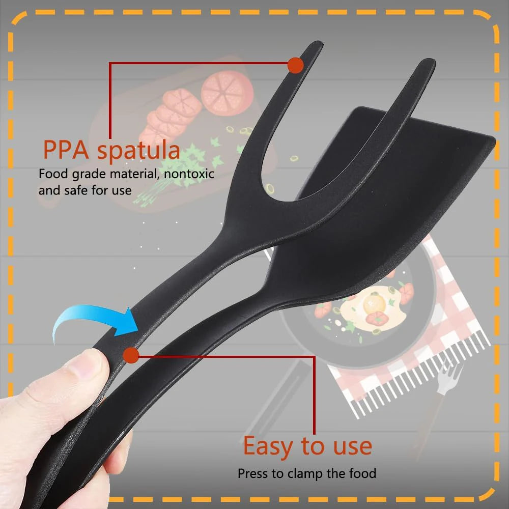 Nueva Espátula 2 en 1 con Pinzas, Espátula para Voltear Huevos, Espátula de Nailon con Revestimiento Antiadherente, Herramienta para Hacer Panqueques, Pescado, Tostadas Francesas y Omelettes