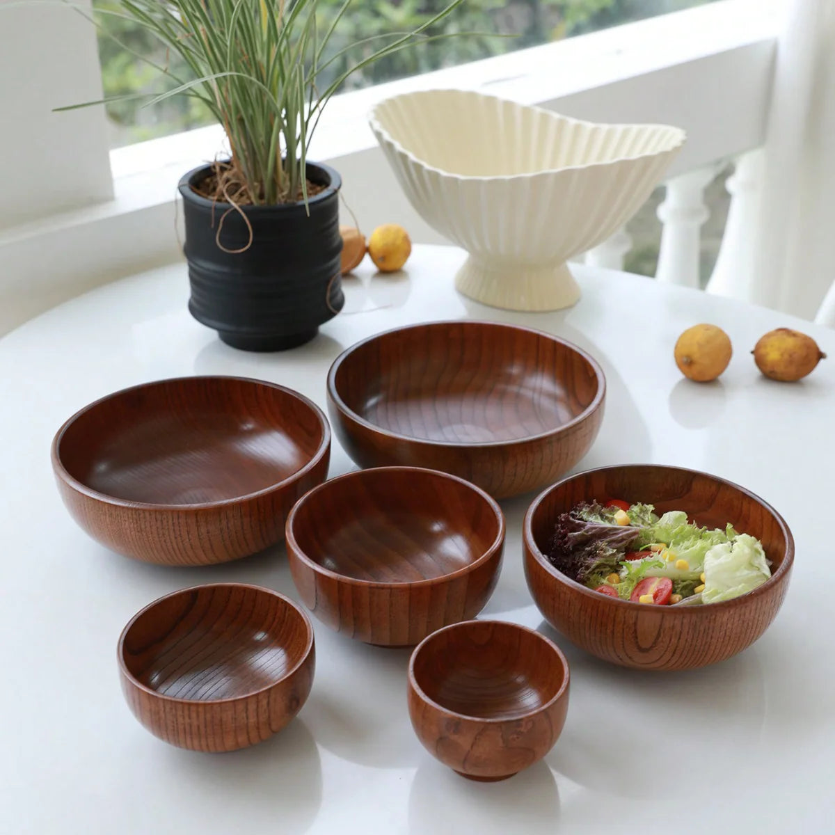 Tazón apilable de madera maciza, disponible en tamaños grande y pequeño, tazón de madera para el hogar para ensalada, arroz, sopa y fideos, 1 unidad