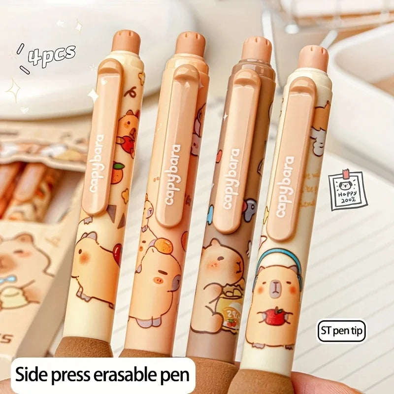 Juego de 4 bolígrafos de gel borrables con temática de capibara, punta de 0,5 mm, barril de agarre suave, opción de regalo perfecta, suministros para oficina y escuela