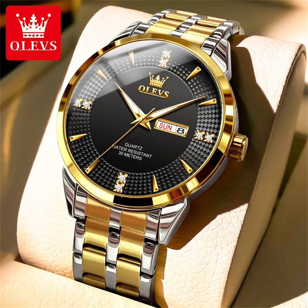 OLEVS 9917 New Mens Watch Original Quartz Watch Diamond Scale Waterproof Luminous Dual Calendar Display Mens Gifts Freebie Reloj