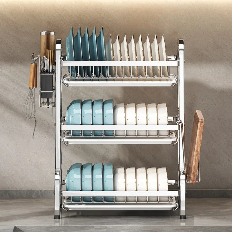 Estante para vajilla de 3 niveles, secado de platos de acero inoxidable 304 con bandeja, soporte de almacenamiento para mostrador de cocina con organizador de tabla de cortar