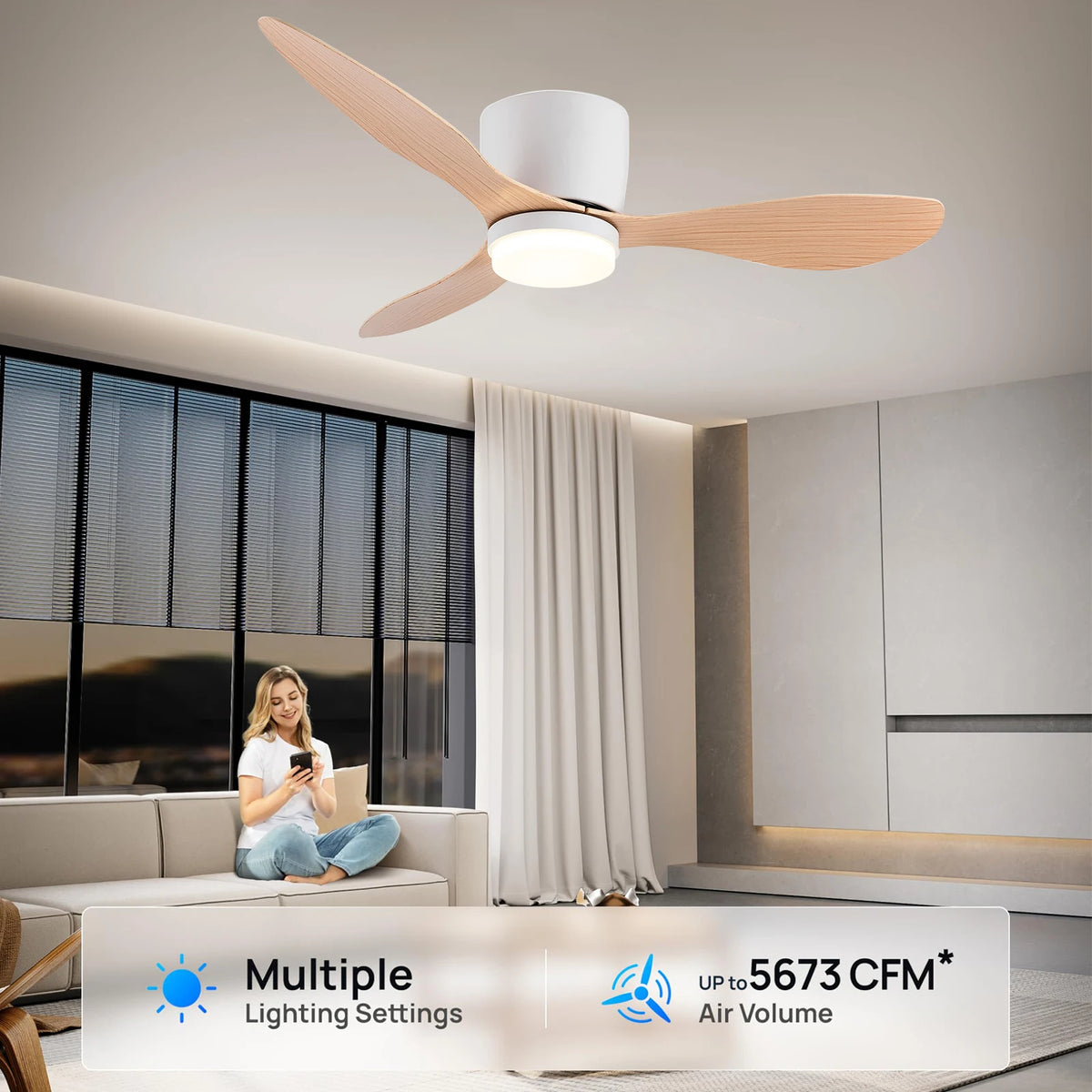 IRALAN Ventilador de techo con luz, opción de 6 velocidades, motor CC reversible de 3CCT con control remoto, susurro, fácil instalación, negro/blanco/madera