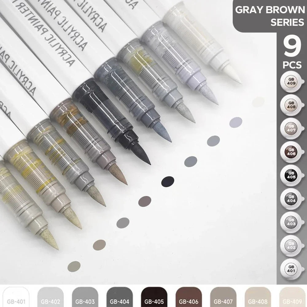 Juego de pinceles acrílicos de 9 piezas, marcadores de arte profesionales con control de tinta para pintura, dibujo y bocetos, accesorios escolares, arte