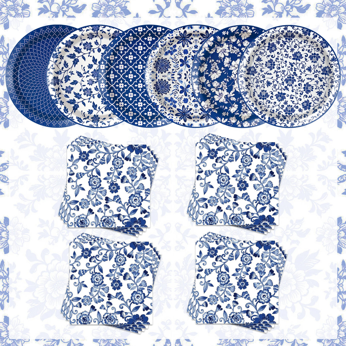Platos de papel de porcelana azul y blanca, servilletas, vajilla para decoración de cumpleaños, decoración de bodas, decoración de mesa, suministros para fiestas