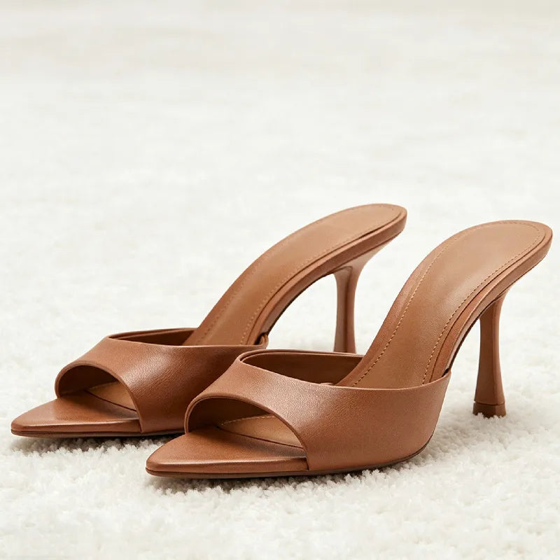 Sandalias de Tacón de Cuero Suave de Diseñador para Mujer, Sandalias Elegantes y Cómodas con Punta Puntiaguda y Tacón Delgado para Verano