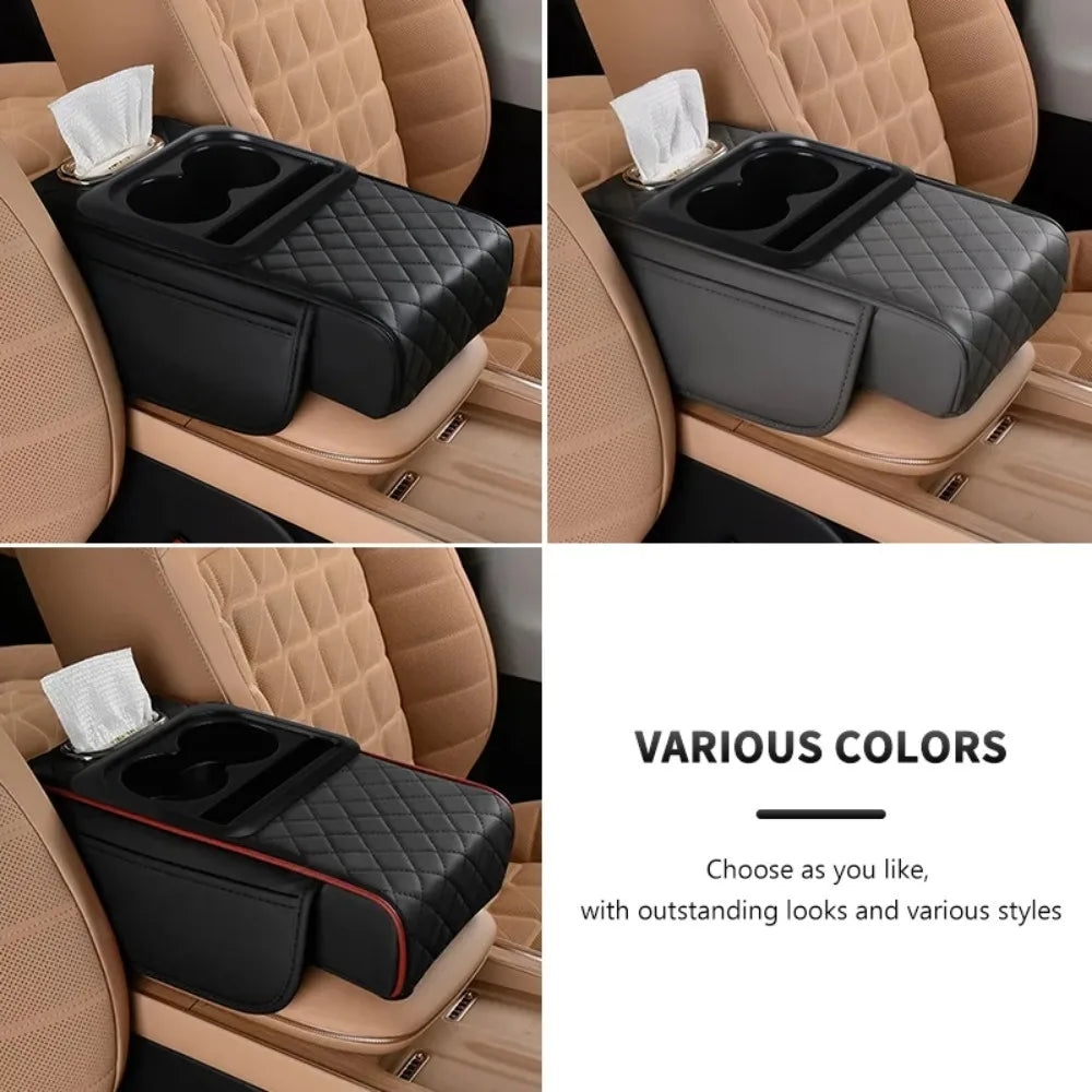 Cojín para reposabrazos de consola central de coche con 2 portavasos, almohadilla para reposabrazos de cuero PU, funda de almohada portátil para reposabrazos de coche, almohadilla de altura