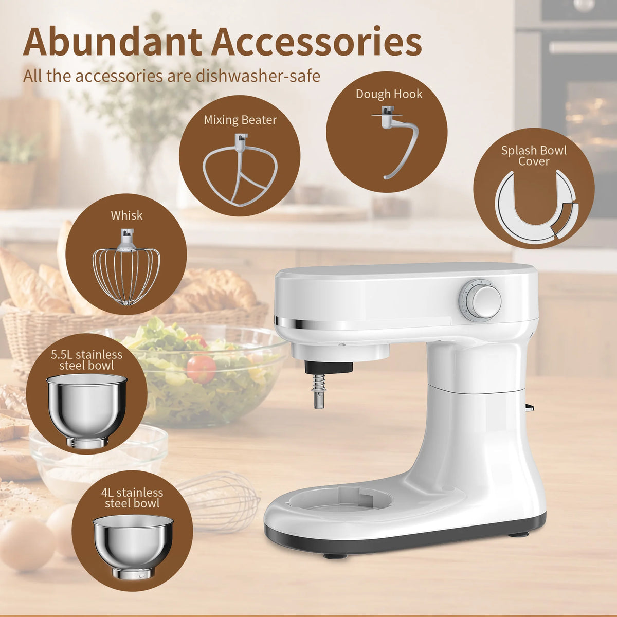 Batidora de Pedestal BioloMix de Doble Tazón y 8 Velocidades – Tazones Intercambiables de 5.5L y 4L, Batidor de Varillas, Gancho Amasador y Batidor Plano