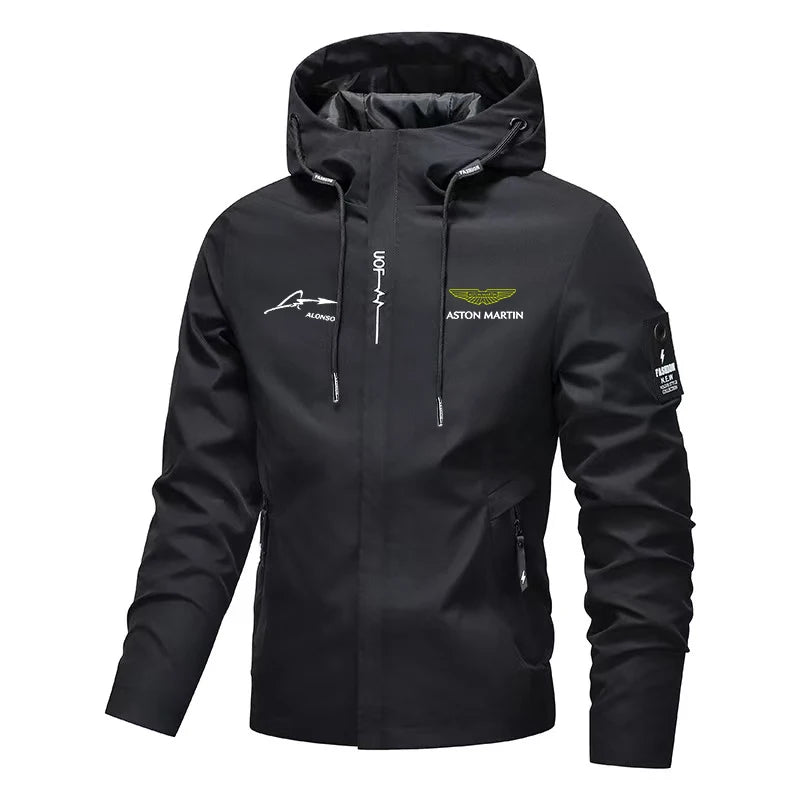 Aston Martin cortavientos con capucha para hombre, chaqueta con cremallera estilo carreras resistente al viento para exteriores, nuevo estilo 2026
