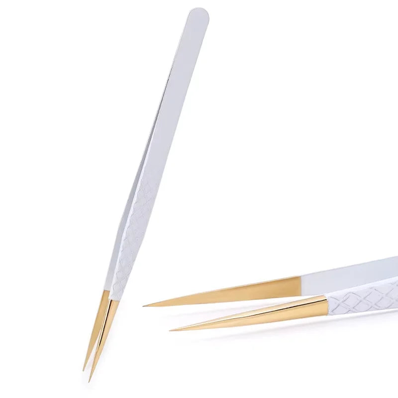 Pinzas de Precisión Antiestáticas de Acero Inoxidable Blanco-Dorado para Extensión de Pestañas, Juego de Herramientas de Maquillaje y Belleza para Cejas
