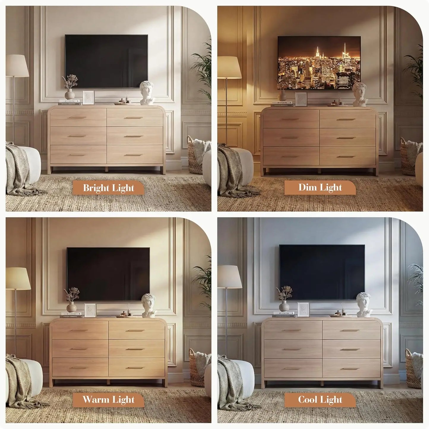 Curved 6-Drawer Dresser 54" Wide Modern Chest Vanity TV Stand Closet Nursery Hallway Oak, Customized