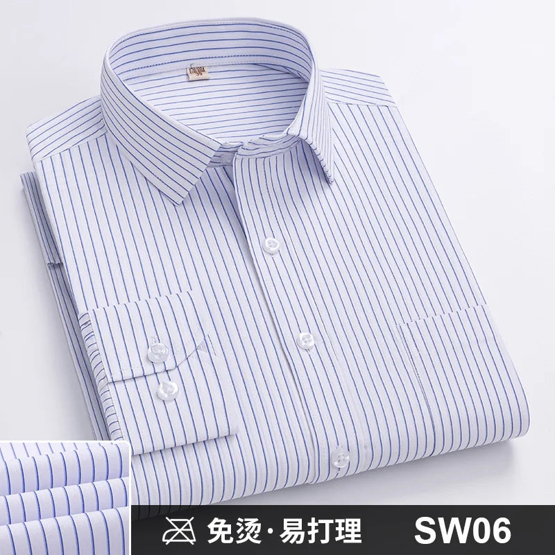 Camisa Formal de manga larga para hombre S ~ 8XL, camisas blancas de negocios de moda de gran tamaño a rayas de Color sólido, antiarrugas y sin planchar