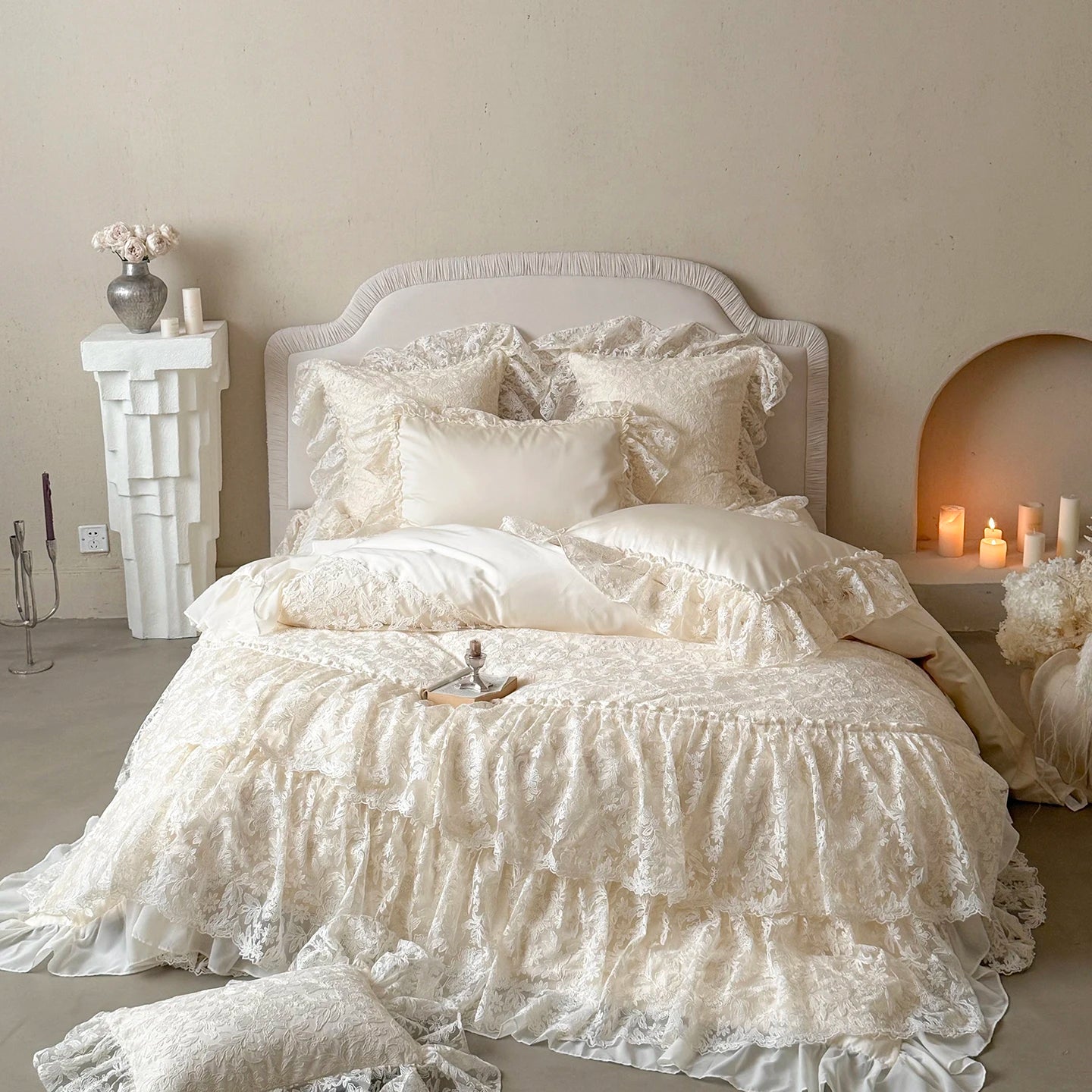 Juego de Ropa de Cama de Algodón Egipcio Beige, Juego de Funda Nórdica con Bordado de Encaje de Lujo, Sábanas y Fundas de Almohada, Textiles para el Hogar