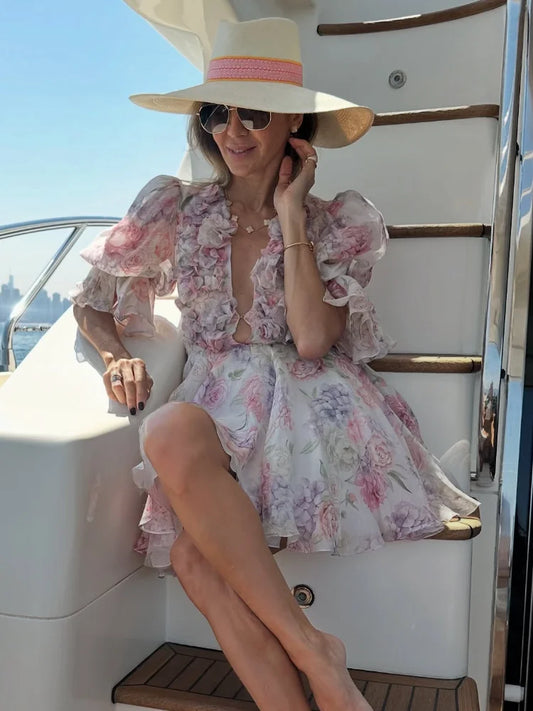 Vestido corto de gasa rosa dulce para mujer, moda con flores en 3D, manga abombada grande, cuello en V, cintura alta, línea A, Vestidos en capas, batas de señora nueva