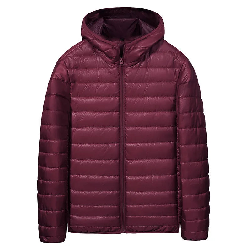 Chaqueta de plumón ligera para hombre, estilo nuevo de otoño-invierno, tipo abrigo acolchado, con cierre de cremallera y capucha, de fibra de poliéster.