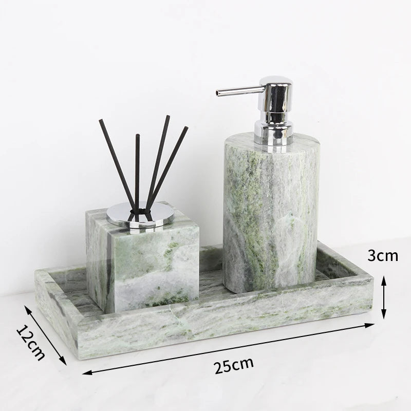 Juego de baño de mármol Natural verde esmeralda, jabonera de lujo, hisopos de algodón, tarro, difusor de caña, bandeja de tocador, accesorios de baño