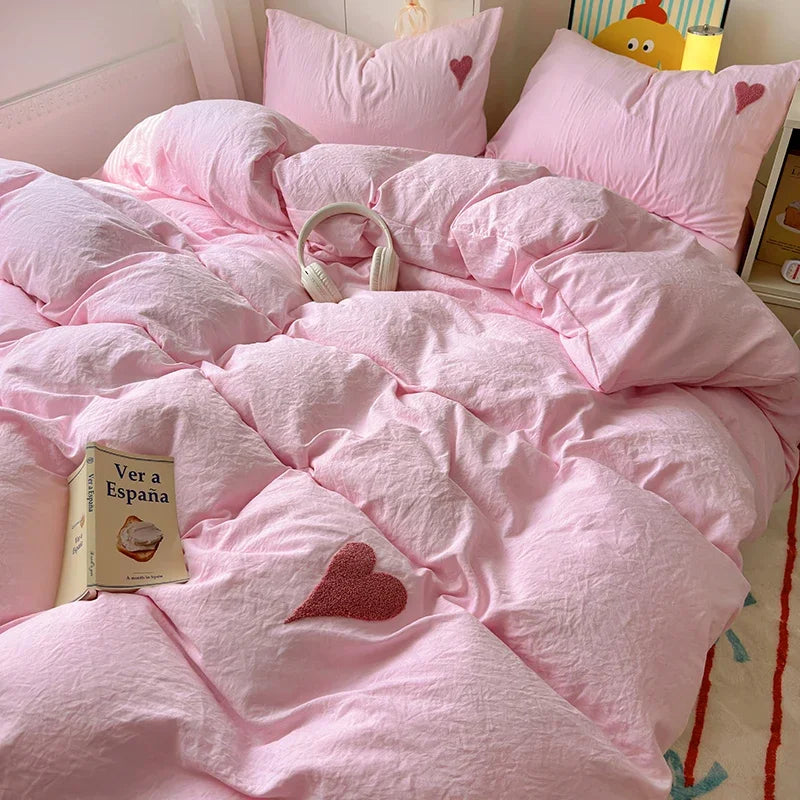 Juego de cama de algodón lavado, funda nórdica negra súper suave y fresca, toalla en forma de corazón, ropa de cama, fundas de edredón respetuosas con la piel, sábanas