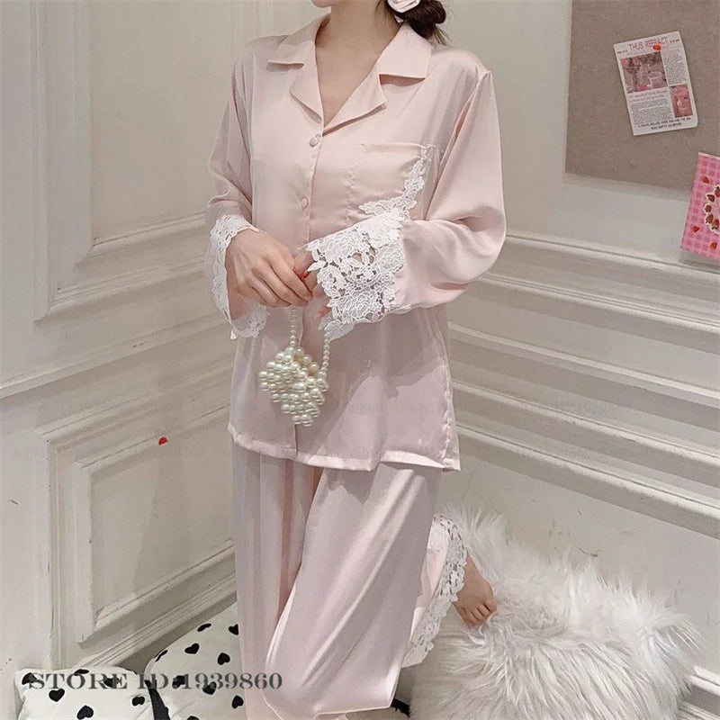 Conjunto de pijamas para mujer, ropa de dormir de satén blanco con encaje, ropa de dormir para novia y boda, regalo para el hogar, traje de pantalón holgado Sexy de manga larga, ropa de descanso