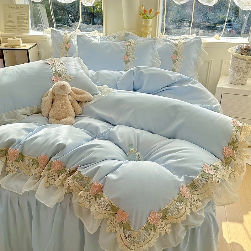 Juego de Ropa de Cama Estilo Princesa INS 2026, con Volantes, Encaje y Lazo, Funda de Edredón Romántica para Mujer, Juego de 4 Piezas
