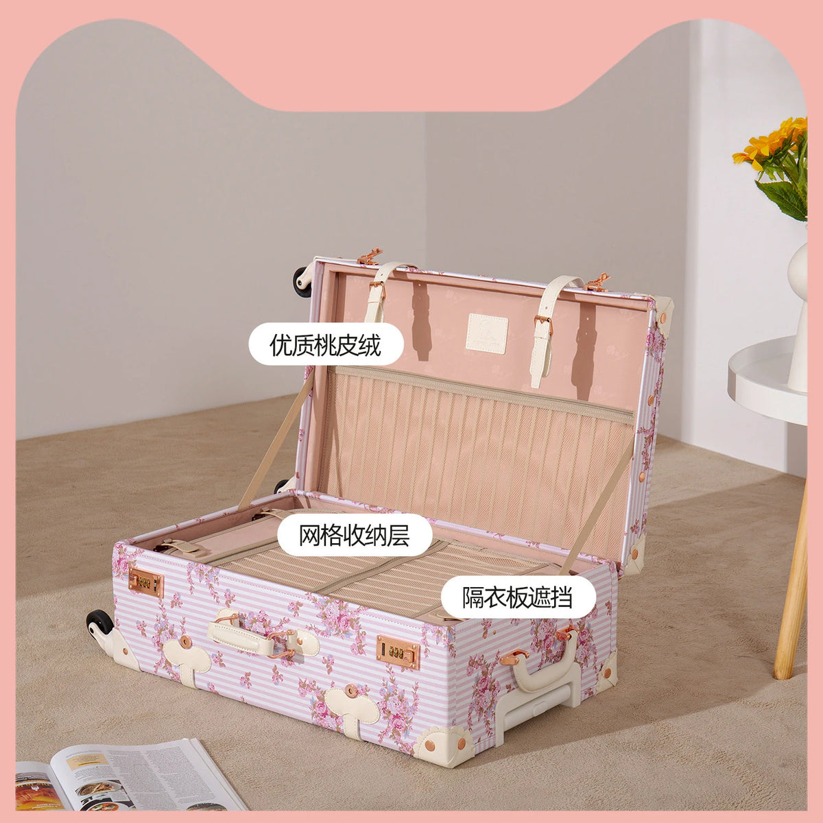 Nuevo Set de Maletas de Viaje Vintage para Mujer, Bolso de Mano, Maleta con Ruedas Universales, Diseño Floral Moderno, 20/22/24/26 Pulgadas
