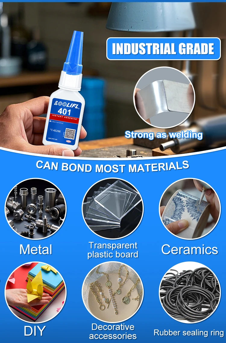 El nuevo y actualizado 401 Superhydroacrilato pegamento, 5 segundos de secado instantáneo, impermeable, buena estabilidad, herramienta de unión completa. Adecuado para madera, plástico, cerámica, metal, caucho, etc.