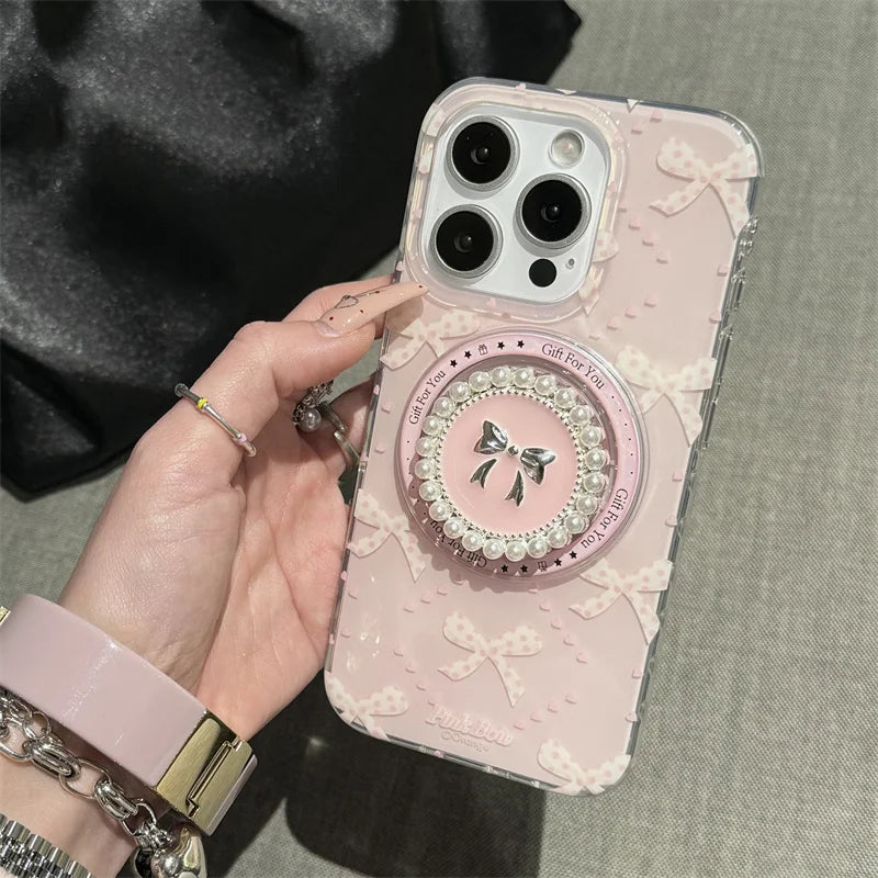 Preciosa funda de teléfono magnética para iPhone 16 Pro 15 14 13 Pro Max 15Pro, funda con soporte de lazo de perlas, fundas a prueba de golpes para Magsafe