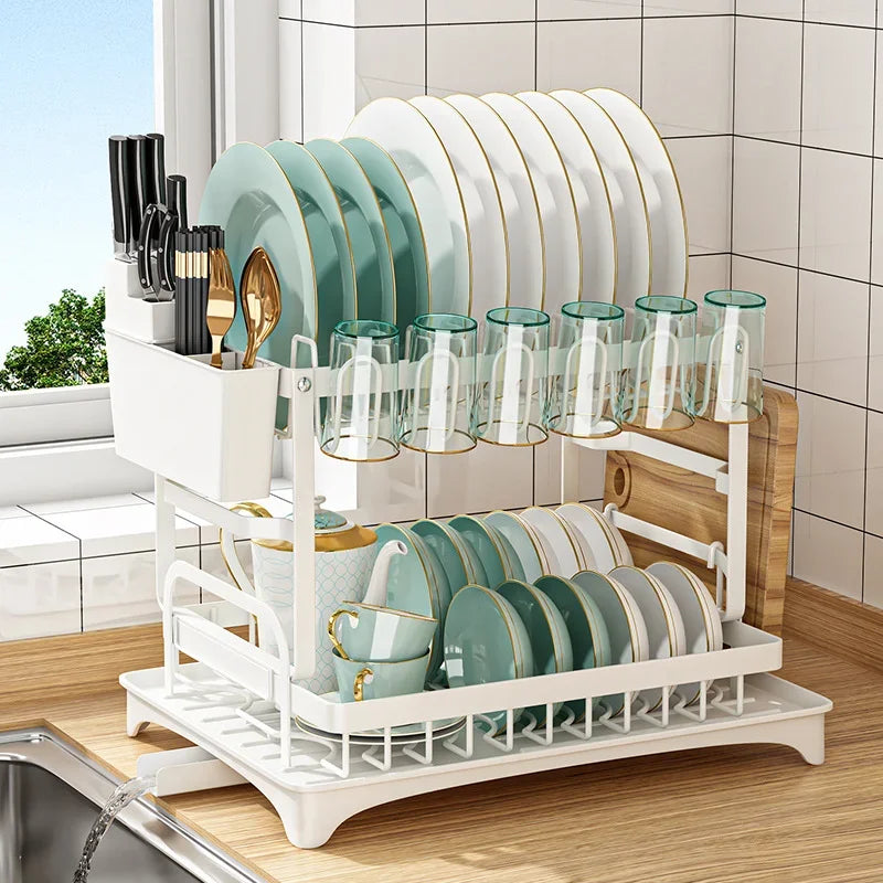 Rejilla para secar platos de 2 niveles con soporte para utensilios, metal, gran capacidad, 360 °   Tubo de drenaje giratorio, organizador de estante para platos de cocina