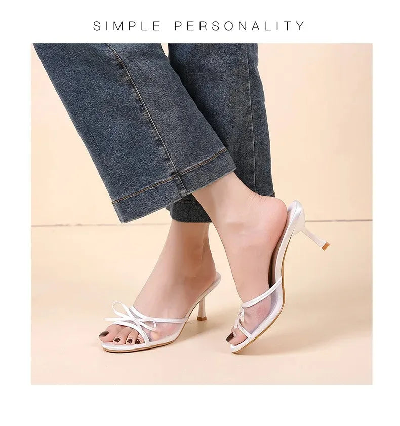 Sandalias de verano para mujer, tacones altos elegantes a la moda, zapatillas con punta abierta y nudo de mariposa de alta calidad, zapatos de tacón de diseñador de marca para mujer