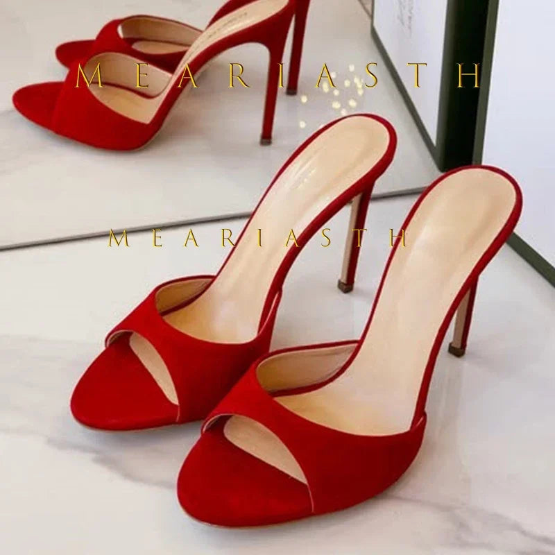Mulas de cuero de Color caramelo para mujer, zapatos de tacón alto fino con punta abierta y punta abierta, zapatillas modernas sexis para fiesta para primavera y verano