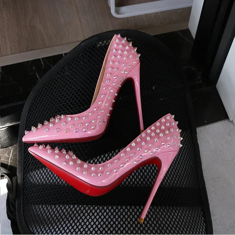New Sexy Purple Inlaid Fashion High Heels Pink Rivet Professional Office Women's Shoes 12cm Large Temperament Single Shoes