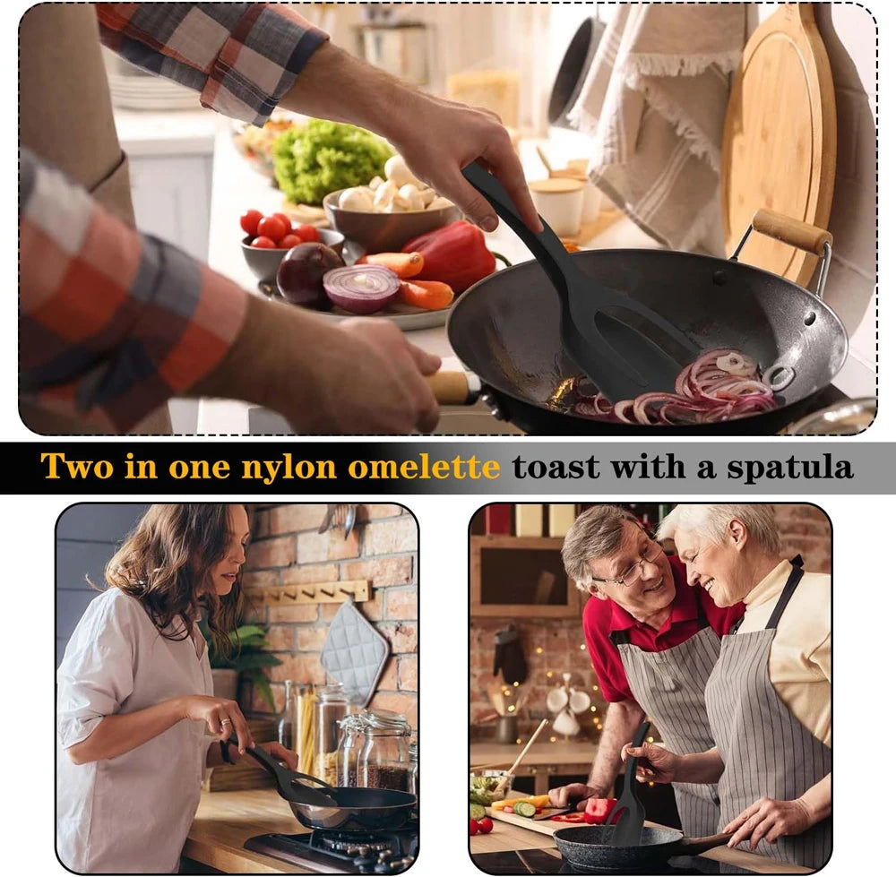 Nueva Espátula 2 en 1 con Pinzas, Espátula para Voltear Huevos, Espátula de Nailon con Revestimiento Antiadherente, Herramienta para Hacer Panqueques, Pescado, Tostadas Francesas y Omelettes