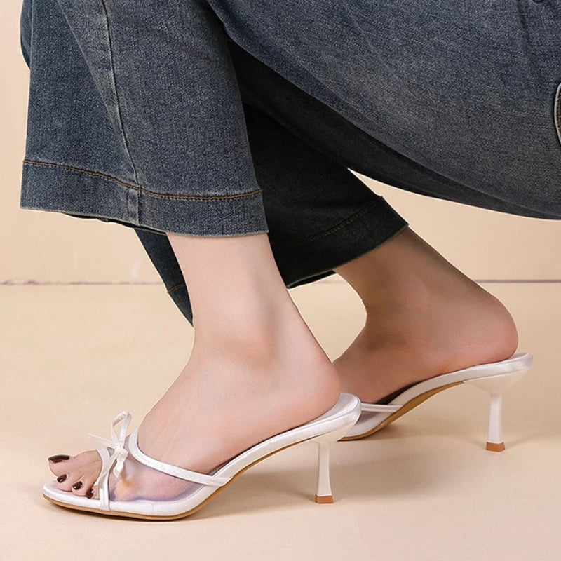 Sandalias de verano para mujer, tacones altos elegantes a la moda, zapatillas con punta abierta y nudo de mariposa de alta calidad, zapatos de tacón de diseñador de marca para mujer