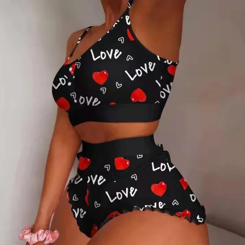 Ropa de dormir para mujer, conjunto de pijamas suspendidos para el hogar con estampado de mariposas y labios, chaleco, sujetador, Top, ropa de dormir corta, lencería, camisón para mujer
